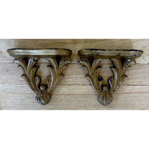 Pair of VTG Hollywood Regency Wall Shelves Plaster Chalkware Acanthus Leaf Gold